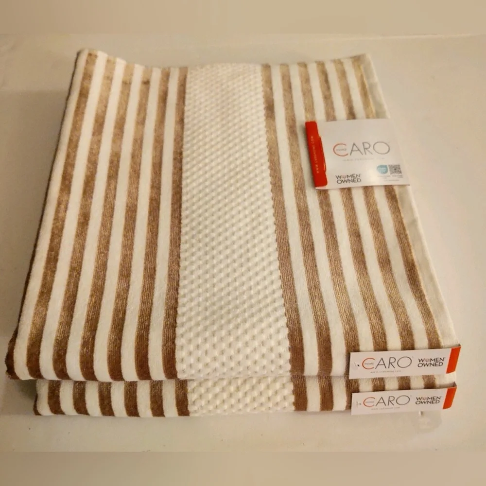 💥2pc CARO HOME 100% Cotton Stripe Bath Towels - Cream/Gold